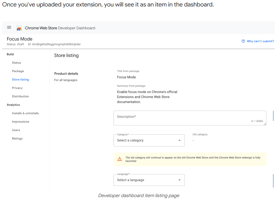 placeholder: Screenshot of Chrome Web Store Developer Dashboard showing extension upload and metadata form p2