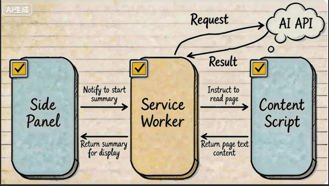 placeholder: An architecture flowchart showing how Content Script, Service Worker, and Side Panel pass messages to each other