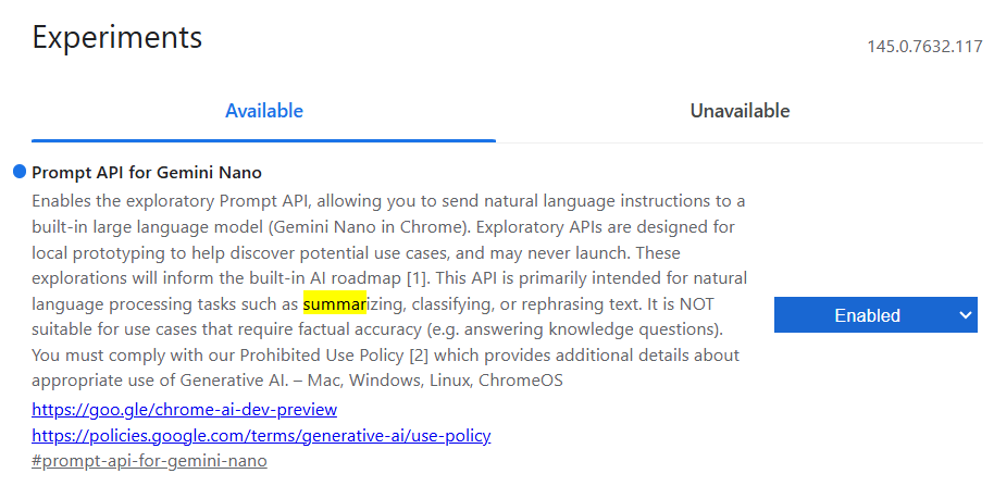 placeholder: Screenshot of chrome://flags showing the Summarization API switch